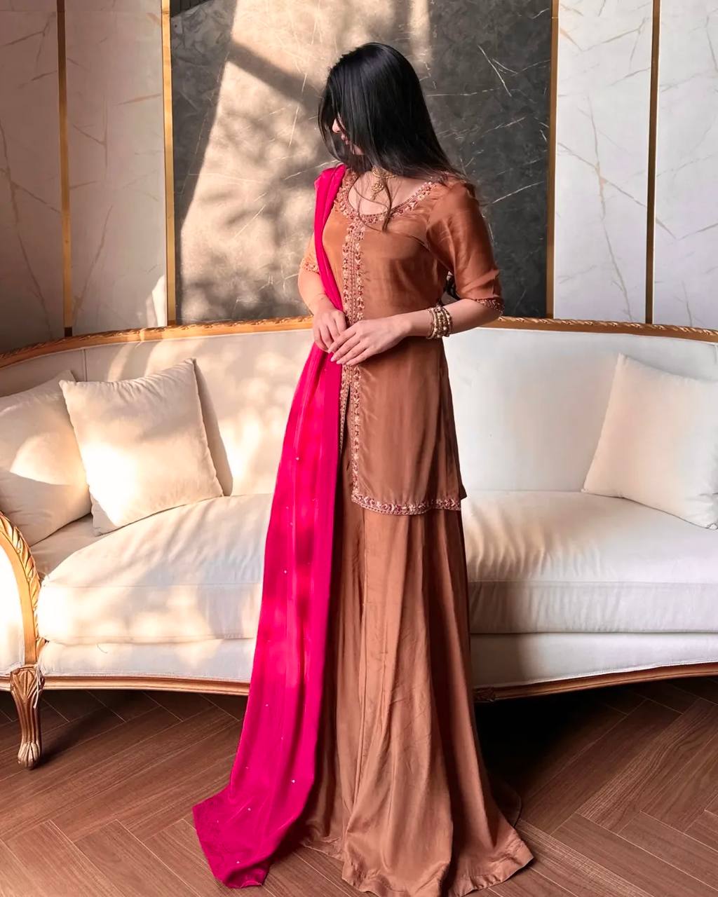 Luxe Brown Zari-Embroidered Flared Set
